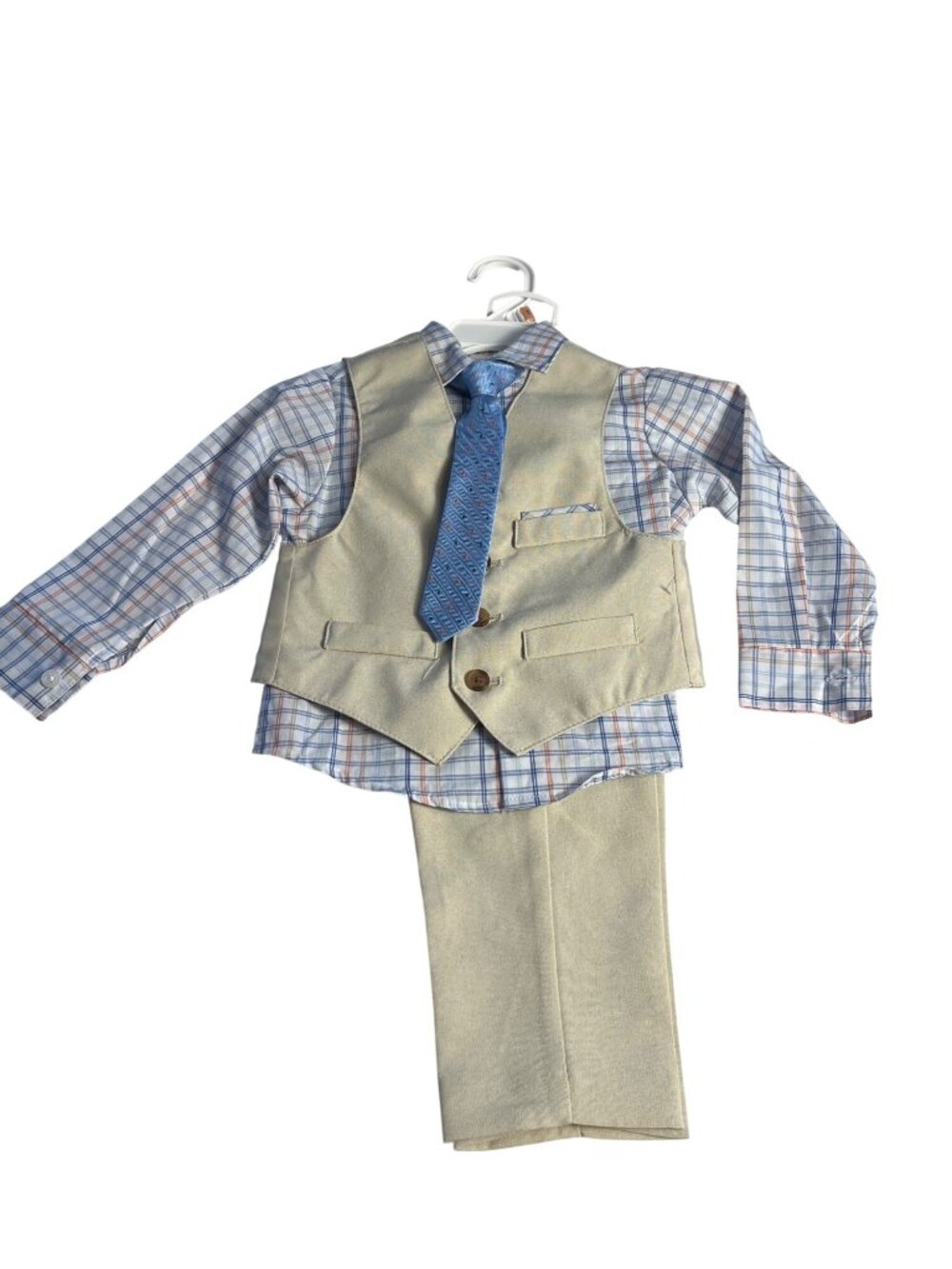 Van Heusen Boys 4-Piece Suit Set 2T - Vest Shirt Tie Pants - Beige & Blue NWT